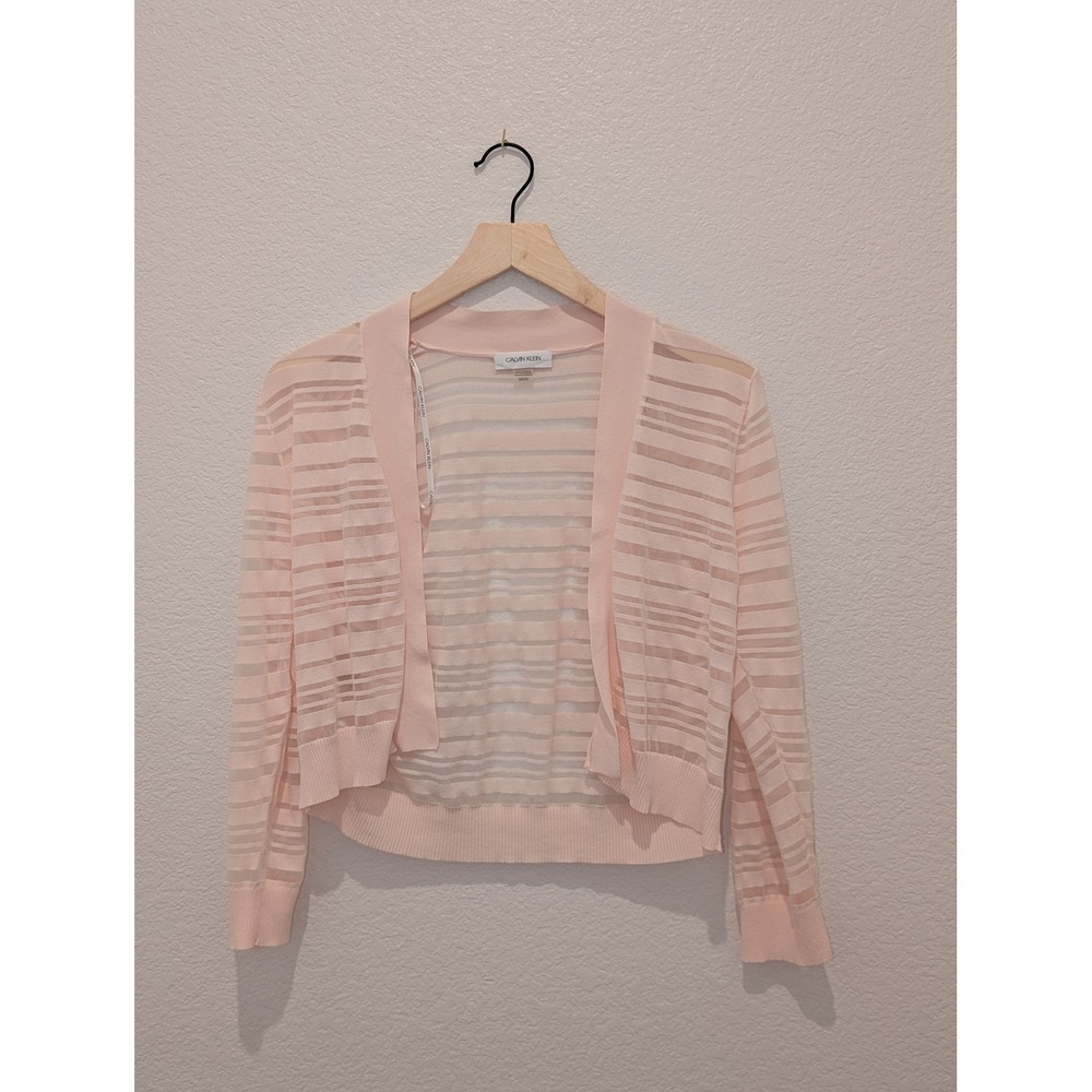 Calvin Klein Womens Peach Pink Sheer Shadow Stripe Open Front Cropped Cardigan M